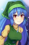  1girl bangs blue_hair breasts closed_mouth green_headwear haniyasushin_keiki head_scarf highres large_breasts long_hair long_sleeves looking_at_viewer red_eyes single_strap smile solo touhou upper_body yosshy 