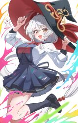  1girl :d absurdres apron black_apron black_hat black_skirt black_socks blue_archive bow bowtie braid braided_sidelock breasts brown_halo collared_shirt commentary diagonal-striped_bow diagonal-striped_bowtie diagonal-striped_clothes doodle_sensei_(blue_archive) earrings eri_(blue_archive) floating_earrings gold_earrings grey_hair hair_bobbles hair_ornament halo hand_on_headwear hat hat_ribbon highres holding holding_paintbrush inapple jewelry kneehighs large_breasts long_hair long_sleeves looking_at_viewer low-tied_long_hair multiple_rings open_mouth orange_eyes paint paint_splatter paint_splatter_on_face paintbrush pleated_skirt red_bow red_bowtie red_ribbon revision ribbon ring sensei_(blue_archive) shirt shoes side_halo skirt sleeves_rolled_up smile socks solo star_(symbol) star_in_eye striped_bow striped_bowtie striped_clothes symbol_in_eye tilted_halo two-sided_fabric two-sided_headwear very_long_hair white_background white_hair white_shirt witch_hat 