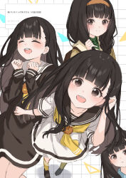  3girls black_hair blush brown_eyes brown_sailor_collar brown_serafuku closed_mouth commentary_request dress highres kuramoto_beta-carotene loafers long_hair looking_at_viewer make_heroine_ga_oo_sugiru! momozono_junior_high_school_uniform multiple_girls neckerchief nukumizu_kaju open_mouth sailor_collar sailor_dress school_uniform serafuku shirt shoes short_sleeves smile socks summer_uniform winter_uniform yellow_neckerchief yellow_socks 