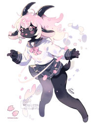  1girl :3 :d absurdres barefoot black_fur black_sailor_collar black_skin black_skirt blush_stickers bow bowtie colored_skin commentary_request cotono_(nazekun) fangs full_body furry furry_female goat_girl goat_horns goat_tail hand_up highres horizontal_pupils horns long_hair long_sleeves miniskirt open_mouth original petals pink_bow pink_bowtie pink_eyes pink_hair pleated_skirt sailor_collar school_uniform serafuku shirt signature simple_background skirt smile solo standing tail watermark white_background white_shirt 