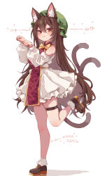  1girl :3 aged_up animal_ear_fluff animal_ear_piercing animal_ears bow bowtie brown_hair cat_ears cat_girl cat_tail chen clothing_cutout commentary_request derivative_work dress foot_up_heel_up frilled_dress frills full_body green_hat hat highres kolshica long_hair looking_at_viewer mob_cap multiple_tails paw_pose puffy_sleeves shoulder_cutout simple_background solo standing standing_on_one_leg tabard tail thigh_strap touhou very_long_hair white_background white_dress yellow_bow yellow_bowtie 