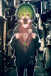  1boy backpack badge bag bishounen black_hoodie black_mask black_pants blurry blurry_background button_badge collarbone cowboy_shot cross cross_print day drawstring fashion gas_mask green_eyes green_hair hair_between_eyes headphones highres holding_strap hood hood_down hoodie latin_cross looking_at_viewer male_focus mask original outdoors pants photo_background pocket print_hoodie raised_inner_eyebrows rejoys short_hair sidelocks sleeves_past_wrists solo standing straight-on upturned_eyes 