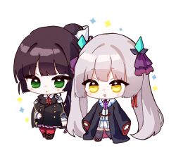  2girls :< :d black_hair black_jacket black_robe black_thighhighs blunt_bangs blunt_ends blush buttons chibi chibi_only closed_mouth commentary double-breasted epaulettes frown full_body green_eyes grey_hair hair_between_eyes hair_ribbon heaven_burns_red highres hime_cut jacket long_hair long_sleeves looking_at_viewer milchu miniskirt multiple_girls natsume_inori neck_ribbon ogasahara_hisame open_clothes open_mouth open_robe pleated_skirt ponytail purple_ribbon purple_skirt red_ribbon ribbon robe shirt simple_background skirt smile sparkle standing straight_hair thigh-highs twintails very_long_hair white_background white_shirt white_skirt wide_sleeves yellow_eyes zettai_ryouiki 