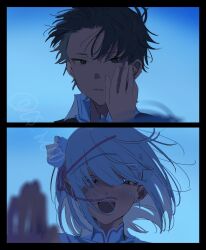  1boy 1girl alternate_hairstyle alternate_universe black_hair blush commentary_request dress_shirt elf emilia_(re:zero) flower hair_flower hair_ornament hair_ribbon hair_slicked_back hand_on_another's_face highres looking_at_viewer natsuki_subaru open_mouth pointy_ears purple_ribbon re:zero_kara_hajimeru_isekai_seikatsu re:zero_kara_kasaneru_isekai_seikatsu ribbon rose shirt short_hair smile twitter_username violet_eyes white_flower white_hair white_rose x_hair_ornament yasai_gyuunyuu 