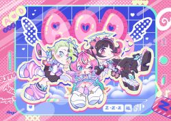  3girls angels_of_delusion aria_(zenless_zone_zero) arm_warmers black_hair blue_eyes bow chocho_16 colored_inner_hair commentary_request dress fingerless_gloves gloves green_bow green_eyes green_hair hair_ornament halo highres korean_commentary looking_at_viewer multicolored_hair multiple_girls multiple_hair_clips nangong_yu necktie open_mouth pink_hair red_eyes shirt smile streaked_hair striped_arm_warmers sunna_(zenless_zone_zero) thigh-highs twintails white_dress white_shirt winged_bag wings zenless_zone_zero 