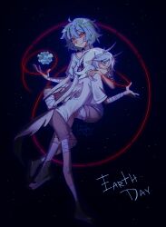  2girls absurdres asteriellx bandaged_arm bandages blue_eyes blue_hair brown_shorts earth-chan earth_(planet) earth_day feather_tail feathered_wings green_hair highres logo looking_at_viewer medium_hair moon-chan multicolored_hair multiple_girls nasa_logo original personification planet red_eyes shirt short_hair short_sleeves shorts space white_hair white_shirt wings 