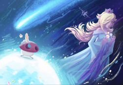  ayuur blonde_hair blue_dress blue_eyes castle crown dress galaxy hair_over_one_eye highres long_hair long_sleeves looking_afar luma_(mario) milky_way mushroom nintendo rosalina star_(sky) star_bit super_mario_bros. super_mario_galaxy 