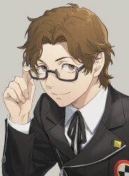  1boy adjusting_eyewear black-framed_eyewear black_ribbon brown_eyes brown_hair commentary_request gekkoukan_high_school_uniform glasses grey_background hiraga_keisuke isa_(peien516) looking_at_viewer male_focus neck_ribbon persona persona_3 rectangular_eyewear ribbon school_uniform semi-rimless_eyewear short_hair simple_background solo under-rim_eyewear upper_body 