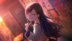  1girl black_hair black_pants black_trim blue_hair breasts colorful_palette door dot_nose dutch_angle earrings game_cg glowing glowing_eyes gradient_hair grin hair_ornament hairclip half-closed_eye hand_up highres index_finger_raised jewelry long_hair long_sleeves looking_at_viewer midriff_peek multicolored_hair off-shoulder_shirt off_shoulder official_art orange_eyes outdoors pants parallel_hairclips poster_(object) project_sekai purple_trim shiraishi_an shirt show_'em_what's_up_!_(project_sekai) small_breasts smile solo star_(symbol) star_hair_ornament strap swept_bangs teeth third-party_source wavy_hair white_shirt 