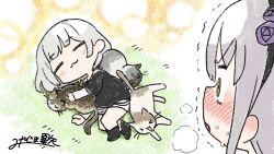  2girls :3 =_= bang_dream! bang_dream!_girls_band_party! bang_dream!_it's_mygo!!!!! black_hairband black_shirt blush cat closed_eyes commentary_request grey_hair hairband highres kaname_raana layered_sleeves long_hair long_sleeves lying minato_yukina miyaji multiple_girls nervous_sweating raana_the_cat shirt short_over_long_sleeves short_sleeves sleeping sweat trait_connection 