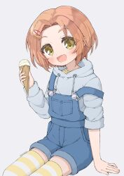  1girl absurdres blue_overalls blush commentary english_commentary food forehead grey_hoodie highres holding holding_food holding_ice_cream hood hoodie ice_cream ice_cream_cone idolmaster idolmaster_cinderella_girls invisible_chair looking_at_viewer multicolored_thighhighs nakobon orange_hair overall_shorts overalls ryuzaki_kaoru short_hair simple_background sitting smile solo striped_clothes striped_thighhighs thigh-highs twitter_username two-tone_thighhighs yellow_eyes 