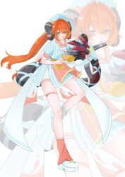  1girl absurdres alternate_costume ashimi_fugo blue_dress blue_hat blush dragon_girl dragon_horns dress food fruit green_eyes hair_between_eyes hat highres holding horns leg_up long_hair looking_at_viewer magus_(zenless_zone_zero) mechanical_horns mechanical_tail open_mouth orange_(fruit) orange_hair orange_pupils orphie_magnusson plate pointy_ears simple_background solo tail twintails zenless_zone_zero 