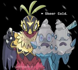  artist_name bird black_background blank_eyes blue_eyes blue_sclera claws colored_sclera deltarune drooling english_text feather-trimmed_belt feather-trimmed_capelet feathers food hawlucha highres ice_cream looking_at_viewer luchador luchador_mask mask mega_hawlucha mega_pokemon mouth_drool multiple_heads no_humans open_mouth parody pixel_text plume pointing pointing_at_viewer pokemon pokemon_(creature) pokemon_champions pokemon_focus scene_reference simple_background snowgrave_(spell) snowing somethinginworl utdr_(toby_fox) vanilluxe weird_route_(deltarune) wing_cape wings 