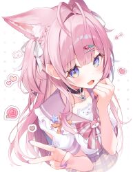  1girl animal_ears belt_collar blush braid bunnyjiry_(jirynyang) collar commentary english_commentary fang fingernails hair_intakes hair_ornament hair_ribbon hairclip hakui_koyori hakui_koyori_(school_uniform) highres hololive long_hair looking_at_viewer nail_polish open_mouth pink_hair pink_nails pink_sailor_collar pink_skirt ribbon sailor_collar school_uniform serafuku short_sleeves skirt smile solo two_side_up v white_background white_ribbon white_serafuku wolf_ears wolf_girl 