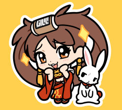  :3 :d animal_collar blush brown_eyes brown_hair chibi chibi_only collar earrings guilty_gear guilty_gear_strive hands_on_own_face highres jewelry kuradoberi_jam long_hair looking_at_viewer outline rabbit sach56000 simple_background smile tassel tassel_earrings teeth upper_teeth_only usagi_(guilty_gear) white_outline yellow_background 