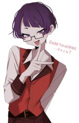 1boy belt black-framed_eyewear black_belt collared_shirt commentary_request fangs genderswap genderswap_(ftm) hand_up hazaki_yoshino highres idolmaster idolmaster_shiny_colors lapels looking_at_viewer male_focus notched_lapels open_mouth piercing purple_hair red_vest semi-rimless_eyewear shirt short_hair simple_background solo tanaka_mamimi tongue tongue_out tongue_piercing under-rim_eyewear upper_body v vest violet_eyes white_background white_shirt 
