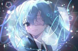  1girl black_eyes black_shirt blue_hair border collar collared_shirt commentary_request dark_background diamond_print dot_nose eyepatch facing_to_the_side film_grain freckles glowing_lines hair_between_eyes hair_ribbon hatsune_miku head_tilt highres looking_at_viewer medical_eyepatch monitoring_(vocaloid) neck one_eye_covered parted_lips r0muru ribbon round_border shirt sidelocks smile solo sparkle_print star_(symbol) star_print teeth twintails upper_body white_collar yellow_ribbon 