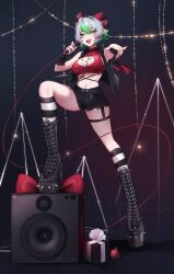  1girl absurdres apricot_the_lich belt black_shorts black_vest boots box breasts candy_cane_earrings demon_girl demon_horns demon_wings earrings fangs fingernails food-themed_earrings full_body gift gift_box green_eyes green_hair hairband highres horns indie_virtual_youtuber jewelry kneehighs long_fingernails looking_at_viewer microphone multiple_horns navel_piercing pentacle piercing platform_boots pointing pointing_at_viewer pointy_ears red_horns red_nails red_shirt shirt short_hair shorts smile socks solo speaker spiked_boots spiked_hairband spikes standing striped_clothes striped_socks thighs tongue_piercing vest virtual_youtuber wings yoclesh zipper zipper_pull_tab 