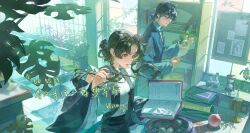  1boy 1girl absurdres apple artist_request black_hair black_skirt blazer blue_eyes blue_jacket blue_skirt blue_suit blue_veil book book_stack bookshelf braid braided_hair_rings brown-framed_eyewear bulletin_board casting_spell character_request chinese_clothes chinese_commentary chinese_text closed_mouth collared_jacket collared_shirt commentary_request commission copyright_request cowboy_shot day double_bun eyelashes eyewear_on_head floating_hair food fruit glint green_eyes green_hair greenhouse hair_between_eyes hair_bun hair_rings happy high-waist_skirt highres holding holding_book holding_plant holding_wand indoors jacket lapels long_sleeves looking_at_another mandrake notched_lapels open_book open_mouth original palm_leaf parted_bangs plant reading round_eyewear shirt short_hair short_hair_with_long_locks sidelocks signature skirt smile suit sunglasses translation_request veil wand wavy_hair white_shirt wide_sleeves window 