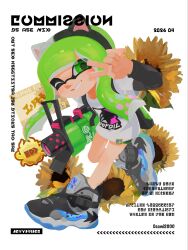  .52_gal_(splatoon) 1girl animal_ear_hairband animal_ears black_shoes cat_ear_hairband cat_ears commentary daami_(daami2000) fake_animal_ears flower full_body green_eyes green_pupils gun hairband highres holding holding_gun holding_weapon inkling inkling_girl inkling_player_character long_hair looking_at_viewer one_eye_closed print_sweater shoes smile solo splatoon_(series) splatoon_3 sunflower sweater tentacle_hair untranslatable_commentary v v_over_eye weapon white_background white_sweater 
