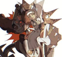  brown_hair clown cross cross_necklace disventure_camp dokusuji_(kw9onou58) highres isabel_carboni jade_tanko jewelry logan_bell necklace nun nun_headdress open_mouth orange_hair pointing pointing_at_viewer reaching reaching_towards_viewer sweatdrop vitiligo 