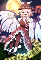  animal_ear_fluff animal_ears bird_ears bird_girl bird_wings black_shoes commentary_request dress earrings facing_viewer floating full_moon hand_on_own_chest hand_up highres jewelry looking_at_viewer moon musical_note mystia_lorelei night open_mouth pink_hair red_dress red_eyes shoes short_hair single_earring smile socks star_(sky) touhou trump1022 white_socks white_wings winged_hat winged_shoes wings 