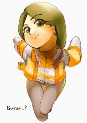  1girl 4bk63ppm0p54593 bodysuit breasts closed_mouth cropped_legs eyes_visible_through_hair gloves green_eyes green_hair grey_bodysuit head_tilt large_breasts leaning_forward long_hair looking_at_viewer medium_breasts mii_(nintendo) mii_gunner mii_gunner_(smash_ultimate) nintendo orange_gloves parted_bangs short_hair simple_background smile solo super_smash_bros. white_background 