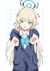  1girl :o azaka_(azaka3220) black_cardigan blonde_hair blue_archive blue_bow blue_bowtie blue_eyes blue_halo bow bowtie buttons cardigan collared_shirt commentary double_gyaru_v grid_background gyaru_v halo long_hair long_sleeves looking_at_viewer open_collar open_mouth shirt solo split_mouth toki_(blue_archive) upper_body v white_background white_shirt 