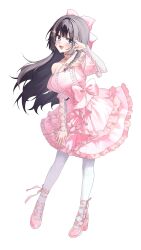  1girl absurdres aol_lo_a black_hair blue_eyes blush bow breasts center-flap_bangs commentary contrapposto cross-laced_clothes cross-laced_sleeves detached_sleeves double-parted_bangs dress dress_bow frilled_dress frills full_body glint hair_bow hair_ornament hand_on_own_thigh hand_up heart heart_hair_ornament high_heels highres large_bow large_breasts layered_dress long_hair looking_at_viewer open_mouth pantyhose pink_bow pink_dress pink_shoes shirayuki_hina shoes simple_background sleeveless sleeveless_dress smile solo standing stellive virtual_youtuber white_background white_pantyhose 