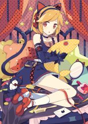  1girl :o animal_ear_headphones animal_ears bell black_choker black_dress black_gloves black_sleeves blush brown_eyes brown_hair cat_ear_headphones cat_ears cat_tail choker comb commentary_request cosmetics curtains detached_sleeves dress envelope fake_animal_ears gloves hand_mirror headphones headset holding holding_stuffed_toy jingle_bell looking_at_viewer meiko_(vocaloid) mirror nail_polish_bottle red_shoes sakine_meiko shoes socks solo star_(symbol) stuffed_toy tail tongue vocaloid white_socks yoshiki 