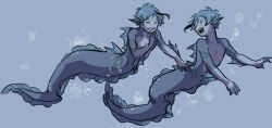 2boys air_bubble arm_fins arm_up black_hair blue_background blue_hair blue_skin brothers bubble chuu_ni closed_eyes colored_skin commentary_request eel_boy fins floyd_leech floyd_leech_(eel) grin head_fins jade_leech jade_leech_(eel) looking_at_another looking_back male_focus monster_boy multicolored_hair multiple_boys open_mouth parted_bangs sharp_teeth siblings smile streaked_hair teeth triangle_mouth twins twisted_wonderland 