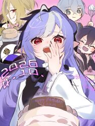  2026 2boys 2girls absurdres ahoge ascot bangboo_(zenless_zone_zero) belle_(zenless_zone_zero) birthday_cake black_bow black_bowtie black_nails blonde_hair blue_hair bow bowtie breast_curtains cake closed_eyes closed_mouth commentary_request crossed_bangs dated food frilled_sleeves frills from_below gem grey_hair hair_between_eyes hairband hand_up happy_birthday heart heart-shaped_pupils highres hugo_vlad long_hair mole mole_under_eye multiple_boys multiple_girls open_mouth pink_background pointy_ears purple_ascot purple_gem purple_hair purple_hairband red_eyes robin_(zenless_zone_zero) sato_10g simple_background smile symbol-shaped_pupils tearing_up vivian_banshee wise_(zenless_zone_zero) zenless_zone_zero 