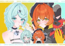  2girls absurdres ashimi_fugo bare_shoulders blue_eyes blue_hair blush chibi dragon_girl dragon_horns fingerless_gloves gloves green_eyes hair_ornament hat highres horns long_hair looking_at_viewer magus_(zenless_zone_zero) mechanical_horns mechanical_tail mole mole_on_shoulder multiple_girls orange_hair orange_pupils orphie_magnusson pointy_ears seed_(zenless_zone_zero) smile tail twintails two-tone_background white_background white_gloves yellow_gloves zenless_zone_zero 