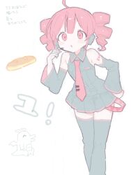  ahoge blush bread buttons detached_sleeves drill_hair food hand_on_own_hip headset kasane_teto long_sleeves necktie number_tattoo oimo_(14sainobba) open_mouth red_eyes red_hair red_necktie shoulder_belt simple_background tattoo thigh-highs translation_request twin_drills utau white_background zettai_ryouiki 