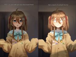  1girl :d ahoge blue_eyes blue_sailor_collar brown_hair cardigan dgucedunno double-parted_bangs english_text glowing glowing_eyes grin hair_between_eyes hair_ornament hair_ribbon heart heart_hair_ornament highres indoors light_rays long_hair long_sleeves looking_at_viewer meme neuro-sama off-shoulder_cardigan pinching_sleeves red_ribbon ribbon sailor_collar shade sidelocks sleeves_past_wrists smile teeth two_side_up upper_body upper_teeth_only vedal_ai virtual_youtuber yellow_cardigan 
