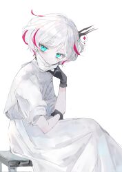  1girl arm_on_thigh bags_under_eyes black_gloves blue_eyes croma_mhach diamond_(shape) dress expressionless gloves highres horns long_skirt looking_at_viewer mask mask_pull mouth_mask multicolored_hair pale_skin sephie_(shadowverse) shadowverse short_hair sitting skirt streaked_hair white_background white_dress white_hair white_mask 