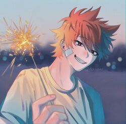  1boy animification antenna_hair bad_id bad_twitter_id bandage_on_cheek birthday bishounen blurry blurry_background bokeh bonudun brown_hair commentary commentary_request depth_of_field eddsworld film_grain fireworks flipped_hair grin hair_behind_ear hair_ears highres holding holding_fireworks looking_at_viewer male_focus outdoors red_eyes shirt short_hair short_sleeves smile solo sparkler tord_(eddsworld) untranslatable_commentary upper_body white_shirt 