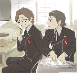  2boys black-framed_eyewear black_hair black_ribbon closed_eyes closed_mouth commentary_request eating food gekkoukan_high_school_uniform hand_on_another's_shoulder hiraga_keisuke holding holding_food isa_(peien516) looking_at_another male_focus multiple_boys neck_ribbon odagiri_hidetoshi persona persona_3 rectangular_eyewear ribbon school_uniform semi-rimless_eyewear short_hair sideburns sitting under-rim_eyewear 