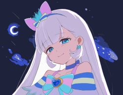  1girl blue_choker blue_crown blue_hairband bow brooch choker closed_mouth crescent_moon crown crown_earrings cure_nyammy earrings hairband heart heart_brooch hikota. jewelry light_smile long_hair looking_at_viewer moon multicolored_bow nekoyashiki_yuki night pointed_crown precure solo very_long_hair white_hair wonderful_precure! 