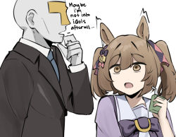  1boy 1girl ^^^ animal_ears bald black_jacket bow bowtie commentary drink_carton drinking_straw empty_eyes english_commentary english_text hair_bow hand_on_own_chin highres holding holding_drink_carton horse_ears iog626 jacket juice_carton looking_at_another medium_hair open_mouth purple_bow purple_bowtie purple_shirt school_uniform serafuku shirt simple_background smart_falcon_(umamusume) stunned_silence surprised t-head_trainer_(umamusume) trainer_(umamusume) twintails umamusume upper_body white_background wide-eyed 