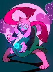  1boy barefoot blue_fire casting_spell clouds commentary deltarune english_commentary fangs fire full_body furry furry_male goat goat_boy gorryb green_background green_robe highres horns long_sleeves male_focus open_mouth pink_background pink_eyes pink_fur pink_horns pink_scarf raised_eyebrow ralsei robe round_eyewear scarf skin_fangs utdr_(toby_fox) 