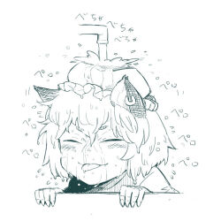  1girl animal_ear_piercing animal_ears blush cat_ears cat_girl cat_under_faucet_(meme) chen closed_eyes closed_mouth daitai_konna_kanji faucet greyscale hat meme monochrome portrait short_hair simple_background smile solo tongue touhou translation_request water wet white_background 