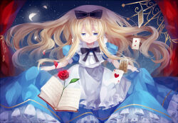  1girl alice's_adventures_in_wonderland alice_(alice_in_wonderland) apron aqua_dress black_bow black_ribbon blue_eyes book bow card closed_mouth cowboy_shot dress filiananna flower frilled_dress frills hair_between_eyes hair_bow neck_ribbon open_book playing_card puffy_short_sleeves puffy_sleeves red_flower red_rose ribbon rose short_sleeves smile solo star_(sky) starry_sky_background white_apron 