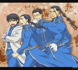  4boys amestris_military_uniform amestris_symbol blue_eyes blue_jacket blue_pants clenched_hand fullmetal_alchemist gloves isaac_macdougal jacket looking_at_another maes_hughes military military_uniform multiple_boys ntm open_mouth pants ponytail profile revision roy_mustang solf_j._kimblee star_(symbol) sweatdrop teeth tongue upper_teeth_only walking white_gloves 