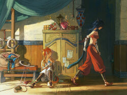  2girls absurdres animal_ears bandaged_arm bandaged_hand bandages blue_hair braid brown_sandals cat_ears cat_tail chinese_commentary commentary_request dancer_(final_fantasy) final_fantasy final_fantasy_xiv flask glint highres holding holding_flask long_hair looking_at_viewer miqo'te multicolored_hair multiple_girls orange_hair pants red_pants red_sandals red_shoes red_tube_top round-bottom_flask sandals shadow shoes sitting strapless streaked_hair tail tube_top twin_braids two-tone_hair unworn_shoes walking_away warrior_of_light_(ff14) white_hair wooden_floor yuzaiii 