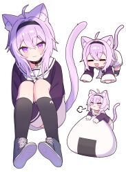  1girl :3 ahoge all_fours animal_collar animal_ear_fluff animal_ears bad_id bad_twitter_id black_socks blue_shoes cat_ears cat_girl cat_tail chibi closed_eyes closed_mouth collar food full_body hair_between_eyes hairband highres hololive hugging_own_legs knees_up long_sleeves looking_at_viewer multiple_views neckerchief nekomata_okayu nekomata_okayu_(school_uniform) official_alternate_costume onigiri puff_of_air purple_hair purple_tail sailor_collar shoe_soles shoes short_hair simple_background sitting smile sneakers socks tail violet_eyes virtual_youtuber white_background white_neckerchief zenshin 