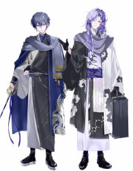  2boys absurdres adapted_costume alternate_costume black_coat black_gloves black_kimono black_shoes blue_cape blue_hair blue_scarf briefcase cape closed_eyes coat commentary_request fingerless_gloves gloves grey_scarf half_gloves highres holding holding_briefcase holding_sword holding_weapon hoshirube_sho iridescent_clothes japanese_clothes kimono kokuto_(bsmilk) koyanagi_rou long_hair looking_at_viewer male_focus multicolored_coat multicolored_hair multiple_boys nijisanji parted_lips purple_hair scarf shoes short_hair simple_background smile streaked_hair sword tentacle_print two-tone_coat two-tone_kimono virtual_youtuber weapon white_background white_coat white_kimono yellow_eyes 