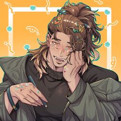  1boy alternate_costume black_sweater bow bracelet brown_hair carrot_hair_ornament cheek_squash dark-skinned_male dark_skin decora ear_piercing elbow_rest fangs flower_hairpin food-themed_hair_ornament goldbullet green_bow green_jacket green_outline hair_ornament hairclip hand_on_own_cheek hand_on_own_face head_rest head_tilt highres holding holding_pencil holostars holostars_english jacket jacket_partially_removed jewelry long_hair long_sleeves male_focus off_shoulder open_mouth outline pencil pencil_in_hair piercing ponytail senza0813 solo sticker sticker_on_face sticker_on_hand sweater turtleneck turtleneck_sweater upper_body virtual_youtuber x_hair_ornament yellow_background yellow_eyes 