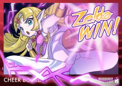  1girl :o border breasts brown_sandals chitchi_mino circlet commentary_request dress english_text floating_hair highres kicking midair pointy_ears princess_zelda red_border sandals small_breasts solo super_smash_bros. the_legend_of_zelda v-shaped_eyebrows white_dress 