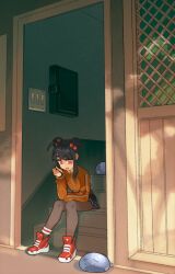  1girl black_hair hair_bun hair_ornament hair_tie highres jacket miniskirt noyemik original pantyhose red_eyes short_hair skirt slice_of_life slime_(creature) 